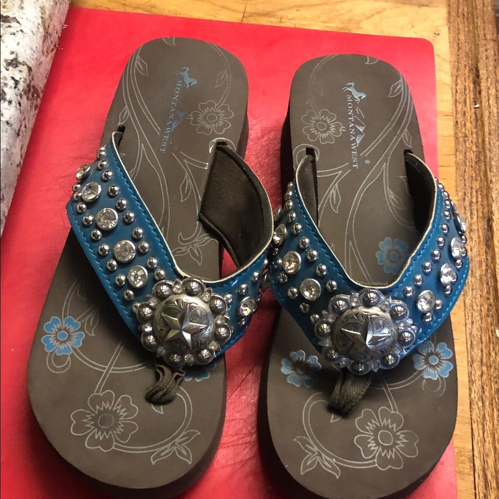 MONTANA WEST Wedge Sandal Womens 9 Blue Brown Flip Flop Western Rhinestone Studs